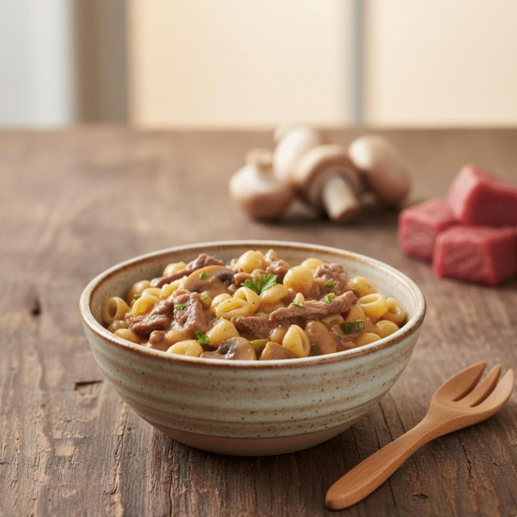 Bœuf et pâtes aux champignons