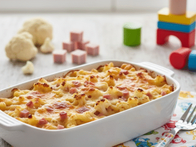 Gratin de pâtes, chou-fleur & jambon de dinde
