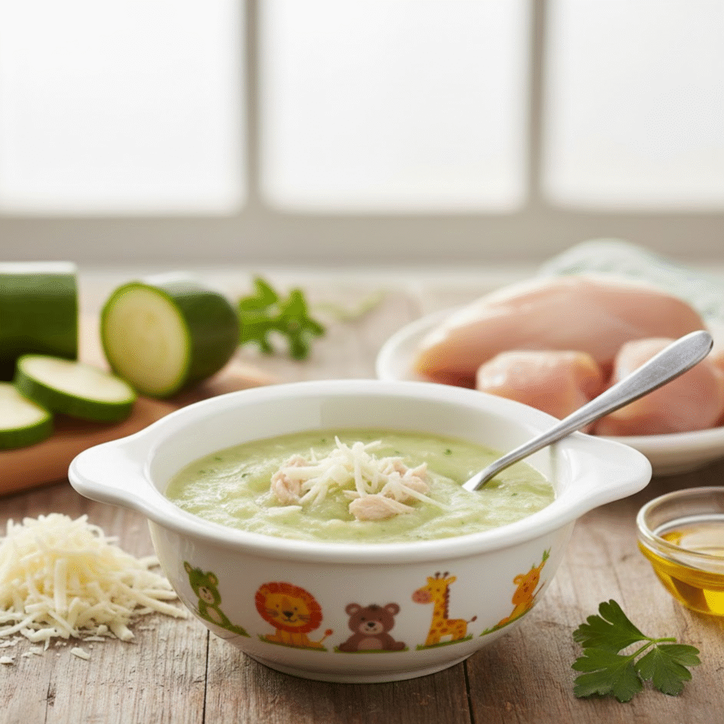 Purée de courgette au fromage et au poulet