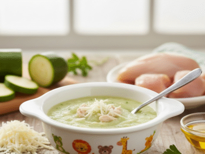 Purée de courgette au fromage et au poulet